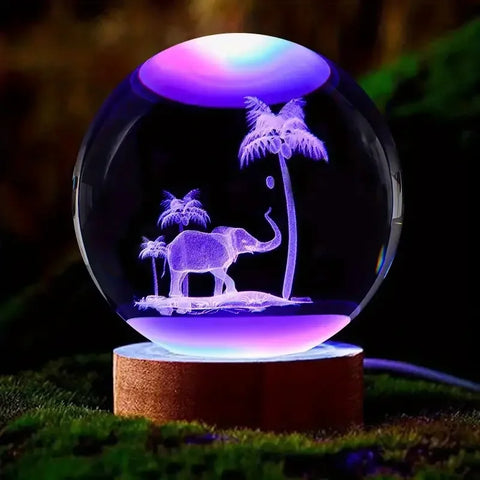 Engraved Elephant & Palm Tree Crystal Nightlight with Ceiling Projection