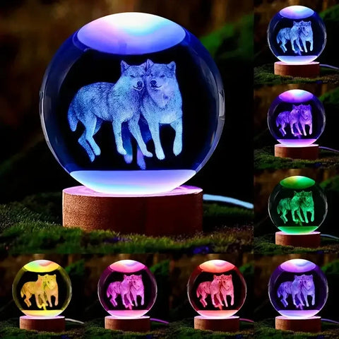 Wolf Crystal Ball Nightlight – Engraved LED & Ceiling Glow