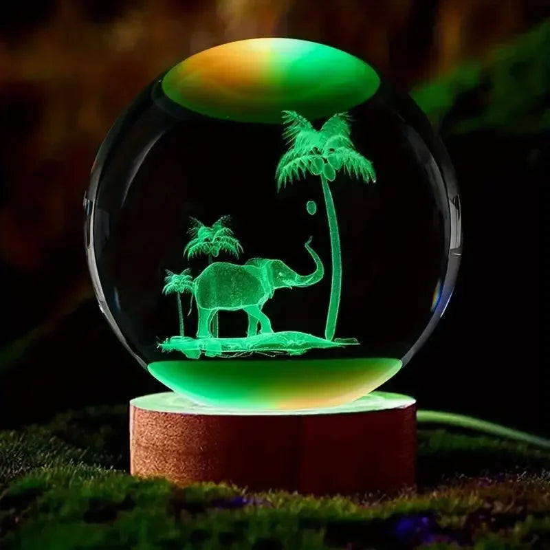 Engraved Elephant & Palm Tree Crystal Nightlight with Ceiling Projection