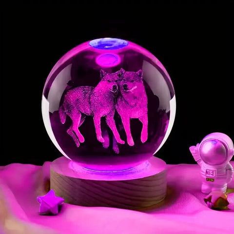 Wolf Crystal Ball Nightlight – Engraved LED & Ceiling Glow