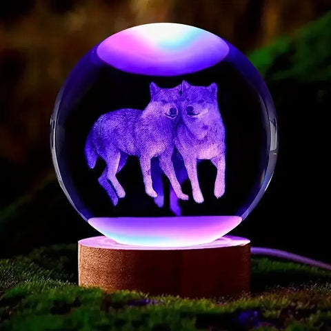 Wolf Crystal Ball Nightlight – Engraved LED & Ceiling Glow
