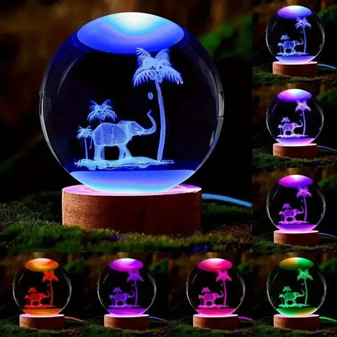 Engraved Elephant & Palm Tree Crystal Nightlight with Ceiling Projection