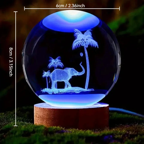 Engraved Elephant & Palm Tree Crystal Nightlight with Ceiling Projection