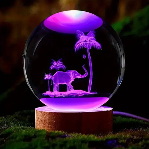 Engraved Elephant & Palm Tree Crystal Nightlight with Ceiling Projection