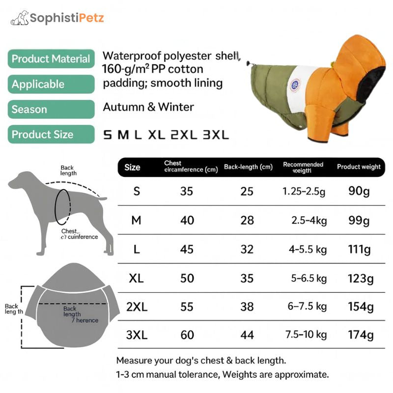 Dog jacket size chart