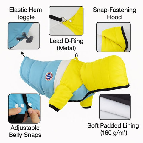 Winter Dog Puffer Jacket — Insulated, Water-Resistant, Snap-Down Hood & D-Ring